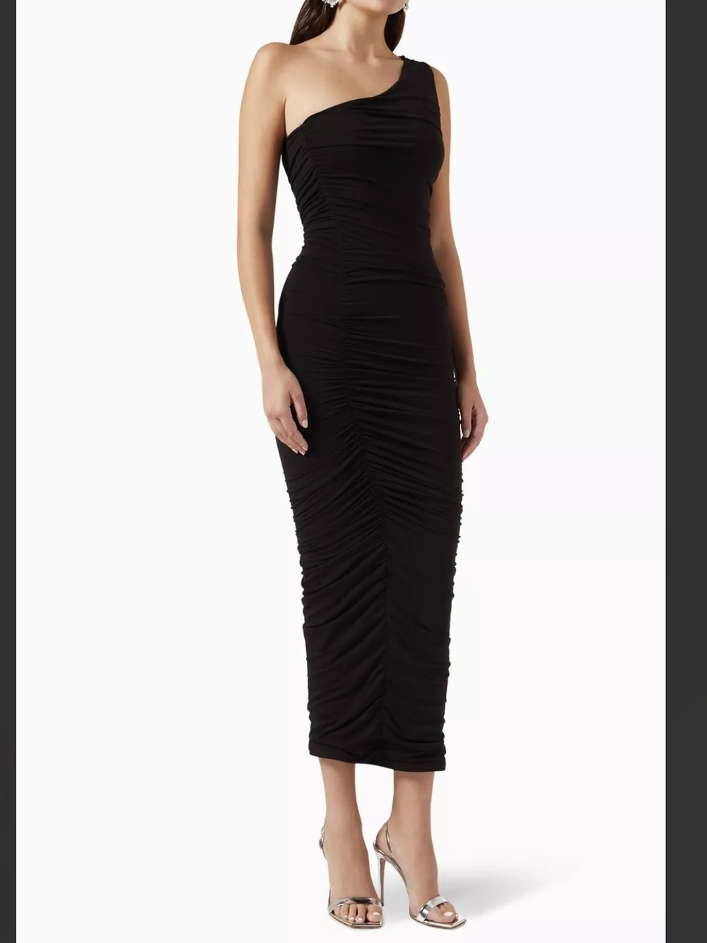 Good American One-Shoulder Black Ruched Midi Dress